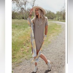 Three Bird Nest Gray Dress with Tie-Dye Scarf